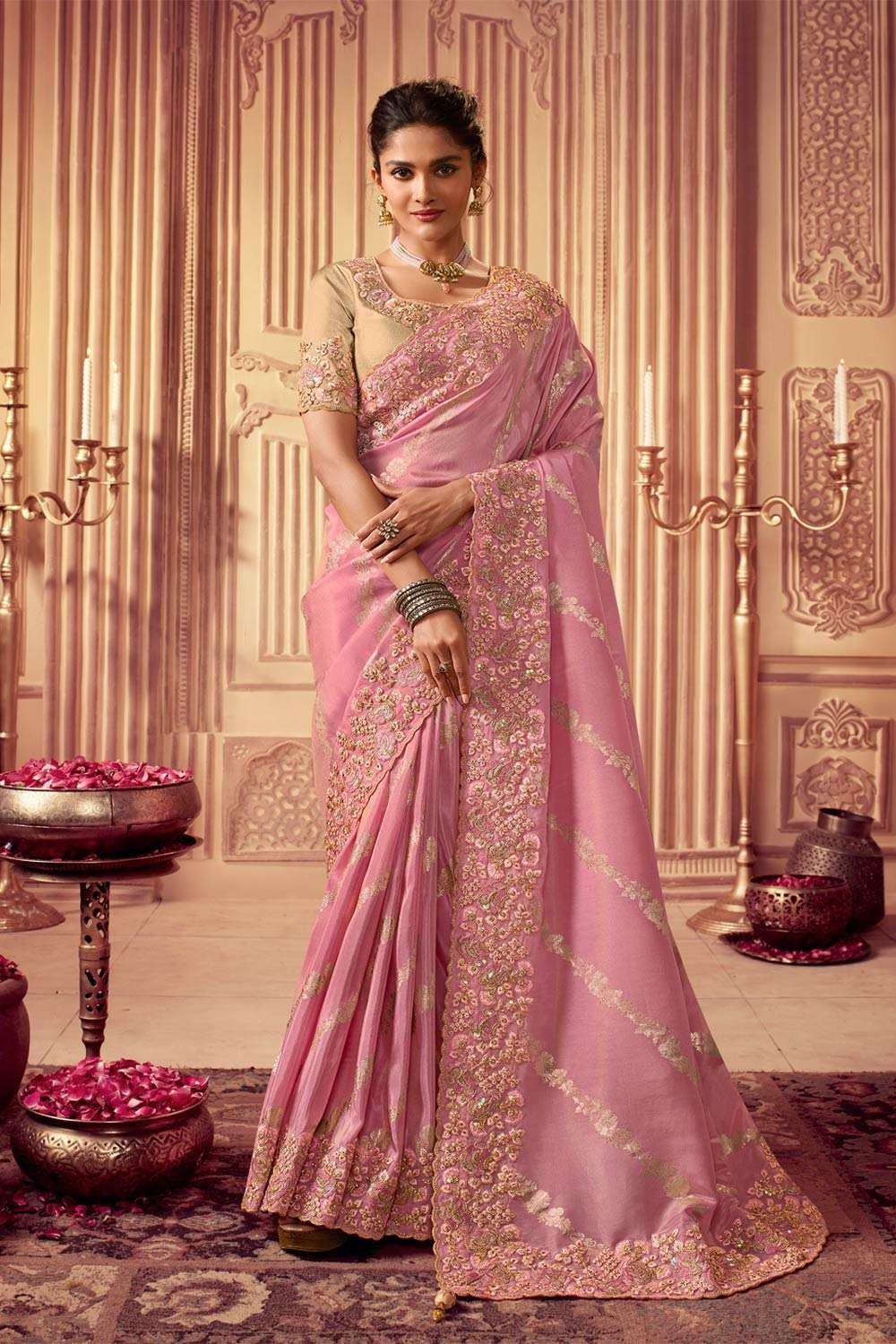 Resham stone Viscose Baby pink Saree with Blouse UK - SR24126