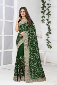 Georgette Teal blue Party Wear Saree in Embroidered