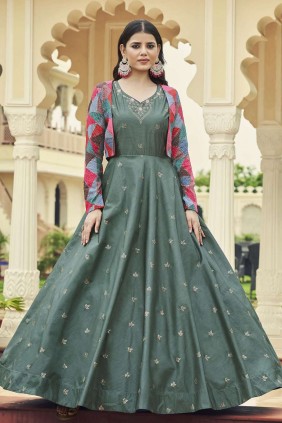 Sky blue Gown Diwali Dress with Embroidered Georgette - GWU0374