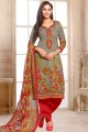 Grey Cotton punjabi Suit with Embroidered