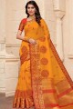 Embroidered Saree in Musterd Yellow Raw Silk