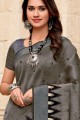Saree in Dark Grey Raw Silk with Embroidered