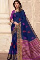 Navy Blue Saree with Embroidered Raw Silk