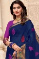 Navy Blue Saree with Embroidered Raw Silk