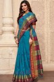 Sky Blue Raw Silk Embroidered Saree with Blouse