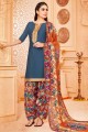 Navy blue Cotton Printed Patiala Suit with Dupatta
