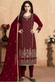 Maroon Churidar Suit with Faux Georgette Faux Georgette