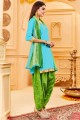 Printed Cotton Patiala Suit in Blue with Dupatta