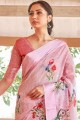 Pink Saree in Linen with Printed