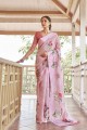 Pink Saree in Linen with Printed
