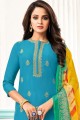 Cotton Churidar Suit with Chanderi in Sky Blue