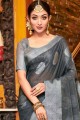 Grey Linen Embroidered Party Wear Saree with Blouse
