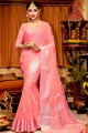 Pink Saree in Embroidered Linen