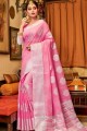 Pink Linen Embroidered Saree with Blouse