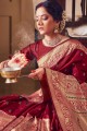 Maroon Printed South Indian Saree in Jacquard & Silk