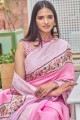 Pink South Indian Saree in Printed Satin & Silk