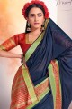 Cotton Saree in Navy Blue with Weaving