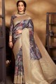 Silk South Indian Saree in Dark Grey with Printed