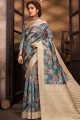 Printed Silk South Indian Saree in Steel Blue with Blouse