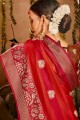 South Indian Saree in Red Cotton with Weaving