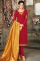 Satin Churidar Suit in Red with Georgette