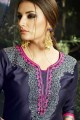 Cotton and satin Patiala Suit in Navy blue with Embroidered