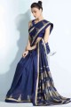 Saree in Navy blue Handloom silk with Printed