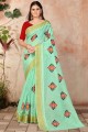 Embroidered Cotton Saree in Mint green