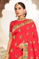 Dark pink Embroidered,lace border South Indian Saree in Silk