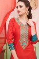 Red Patiala Suit in Embroidered Cotton