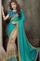 Blue And Beige Silk and Net Saree