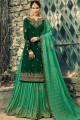 Sharara Suit in Green Satin with Embroidered