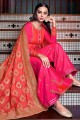 Embroidered Satin Magenta Palazzo Suit with Dupatta