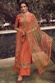 Printed Pashmina Palazzo Suit in Peach with Dupatta
