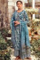 Printed Pashmina Blue Palazzo Suit with Dupatta