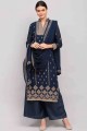 Palazzo Suit in Navy blue Georgette with Embroidered