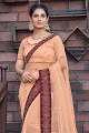 Peach Saree in Net with Hand,sequins,thread,embroidered