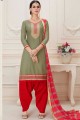 Cotton Patiala Suits with Cotton in Khaki Green