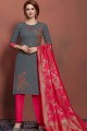 Cotton Straight Pant Suit in Grey with dupatta