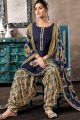 Jacquard Navy Blue Patiala Suits in Cotton