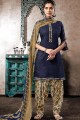 Jacquard Navy Blue Patiala Suits in Cotton