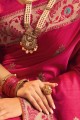 Saree in Rani Pink Jacquard & Silk with Weaving
