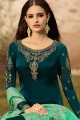 Satin Georgette Straight Pant Suit in steel Green with dupatta
