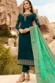 Satin Georgette Straight Pant Suit in steel Green with dupatta