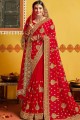 Red Embroidered Saree in Art Silk