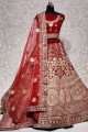Velvet Lehenga Choli with Embroidery in Red