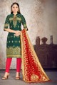 Green Banarasi raw Silk Straight Suit Salwar Kameez