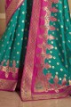 Weaving Banarasi raw Silk Saree in Rama  with Blouse