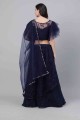 Net Lehenga Choli with Embroidery in Navy Blue