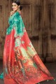 Printed Tusser Art silk Saree in Sea Green with Blouse